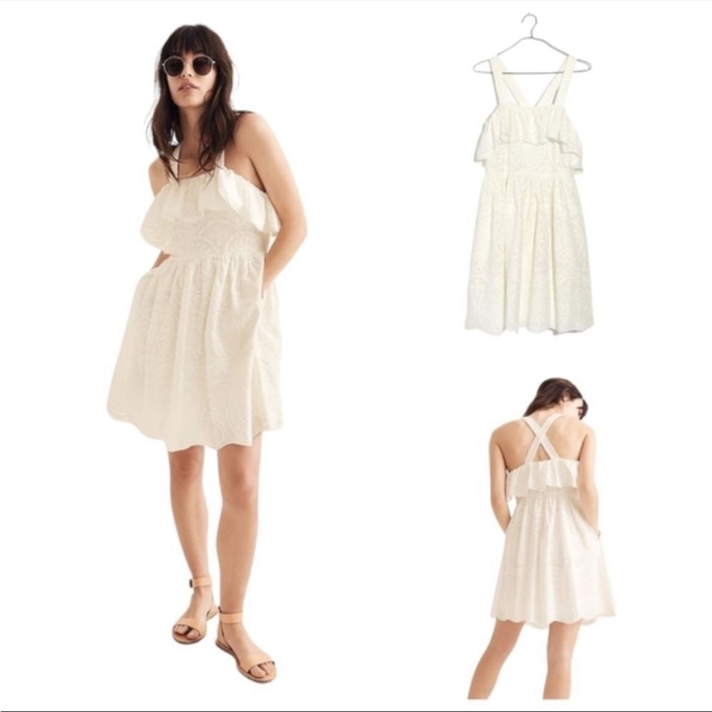 Madewell Embroidered White Apron Ruffle Dress Cottagecore Summer Pinafore